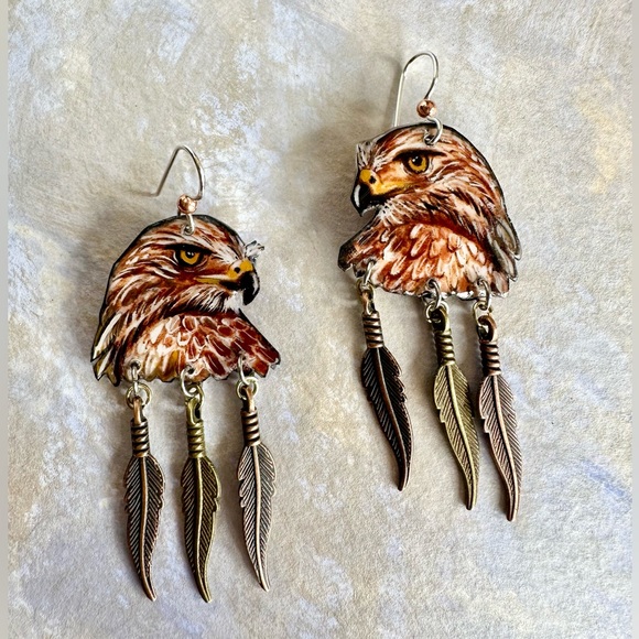 Beautiful handpainted red tail hawk earrings w feather charms silver wires OOAK - Picture 3 of 6